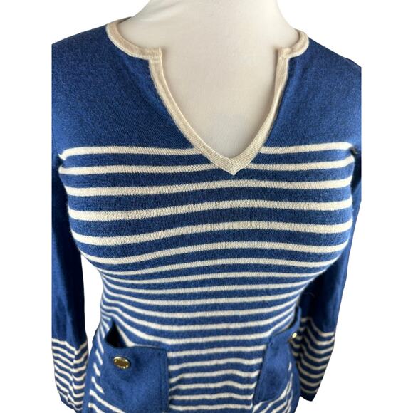 Tory Burch Odessa Merino Wool V-Neck Striped Wool Sweater Blue Small? H12151 - Picture 9 of 16